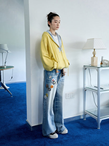 Five-Pointed Star Plaid Patchwork Flower Bud American Drawstring Casual Loose Hooded Sweatshirt【s0000014262】