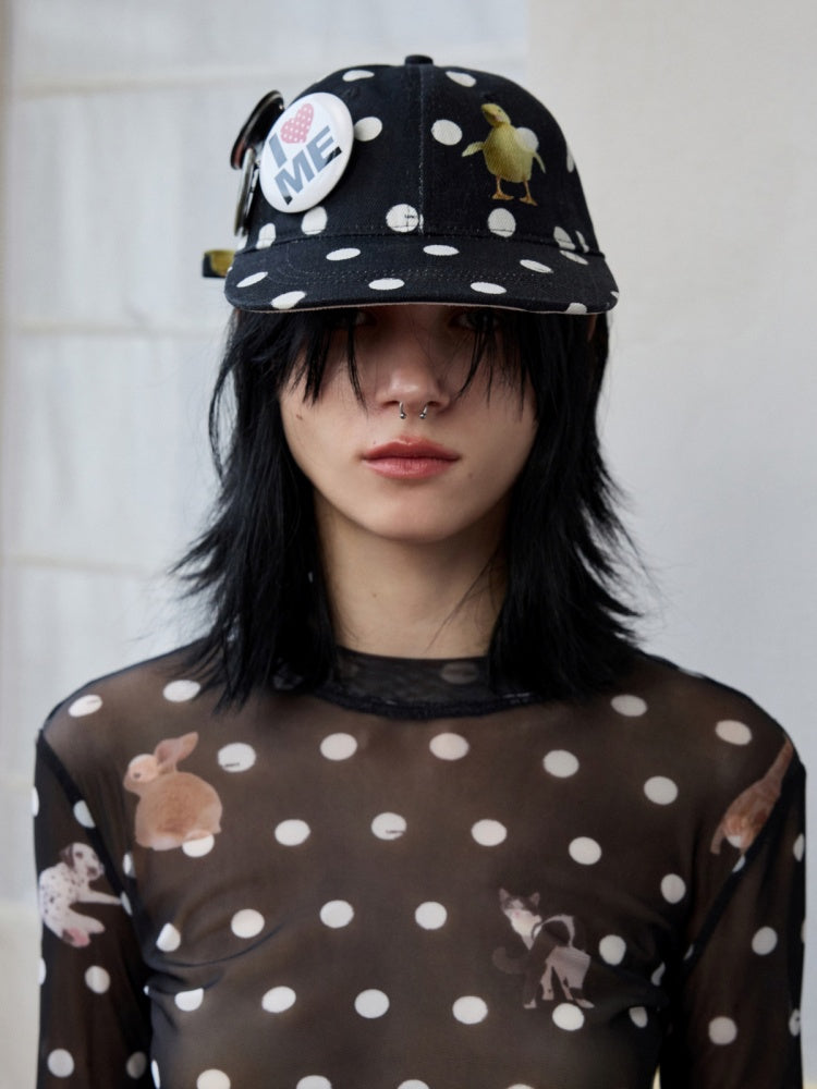 Badge Black & White Polka Dot Animal Print Baseball Cap【s0000014263】