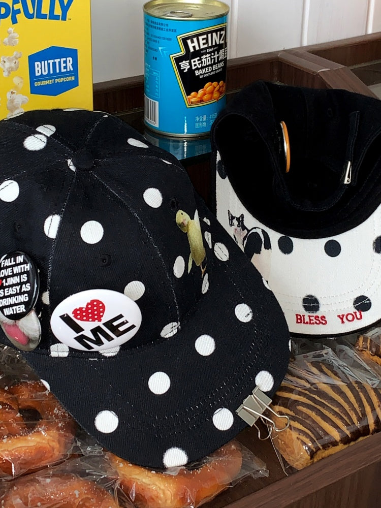 Badge Black & White Polka Dot Animal Print Baseball Cap【s0000014263】