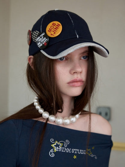 Personality Badge Contrast Check Patchwork Peaked Raw Edge Design Baseball Cap【s0000014264】