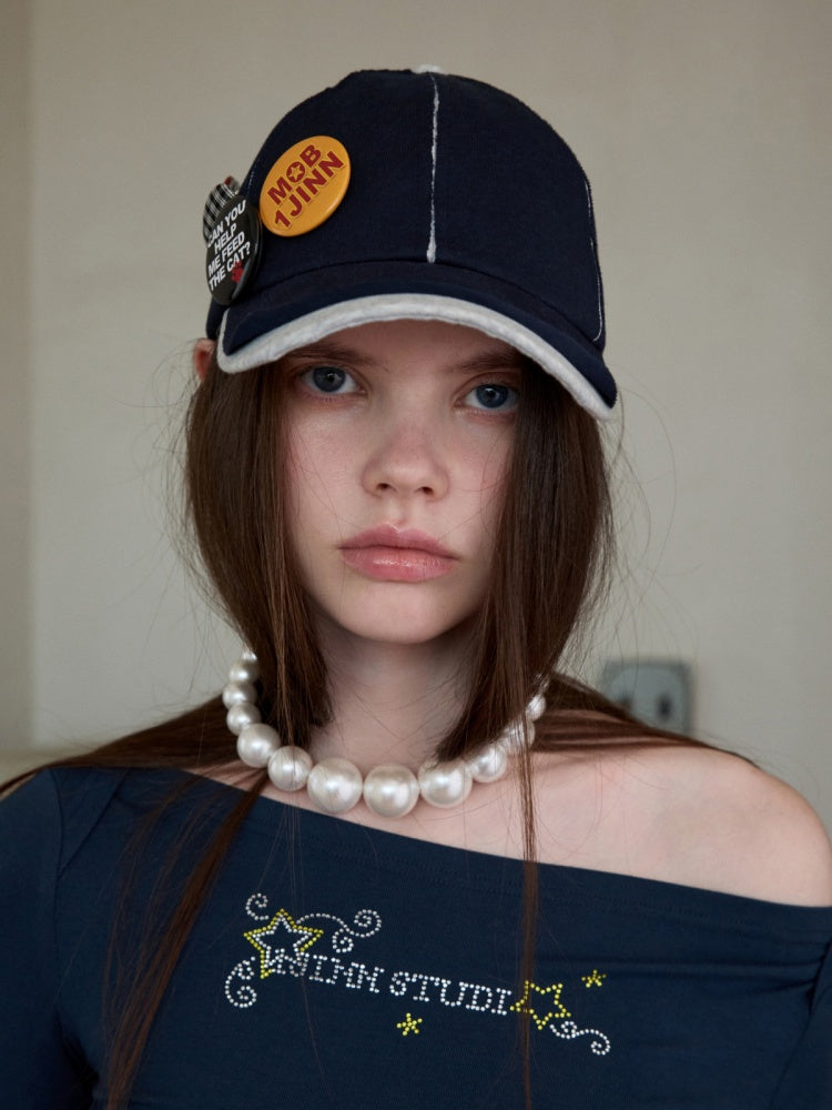 Personality Badge Contrast Check Patchwork Peaked Raw Edge Design Baseball Cap【s0000014264】