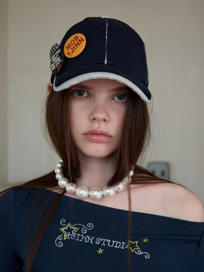 Personality Badge Contrast Check Patchwork Peaked Raw Edge Design Baseball Cap【s0000014264】