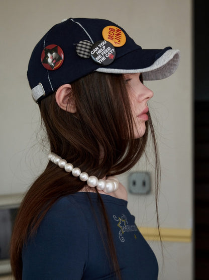 Personality Badge Contrast Check Patchwork Peaked Raw Edge Design Baseball Cap【s0000014264】