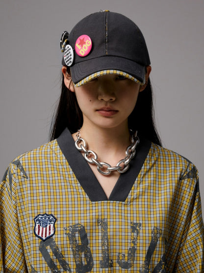 Personality Badge Contrast Check Patchwork Peaked Raw Edge Design Baseball Cap【s0000014264】