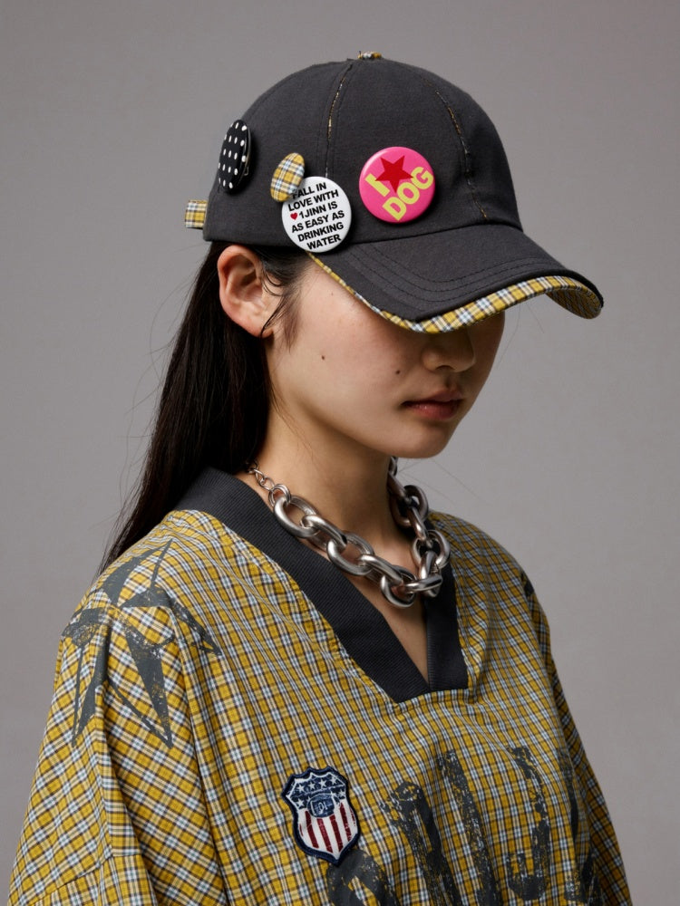 Personality Badge Contrast Check Patchwork Peaked Raw Edge Design Baseball Cap【s0000014264】