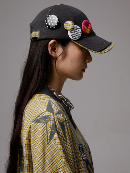 Personality Badge Contrast Check Patchwork Peaked Raw Edge Design Baseball Cap【s0000014264】