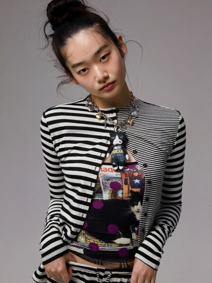 Double-Sided Striped Patchwork I-Line Vest Long Sleeve Knitted Cardigan Straight Trouser Set【s0000014267】