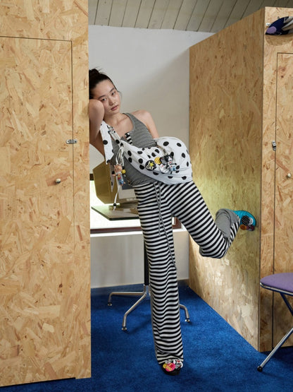 Double-Sided Striped Patchwork I-Line Vest Long Sleeve Knitted Cardigan Straight Trouser Set【s0000014267】