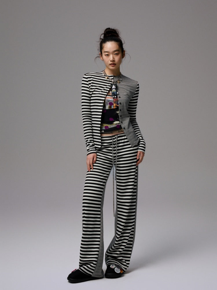 Double-Sided Striped Patchwork I-Line Vest Long Sleeve Knitted Cardigan Straight Trouser Set【s0000014267】