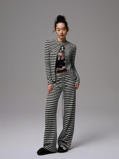 Double-Sided Striped Patchwork I-Line Vest Long Sleeve Knitted Cardigan Straight Trouser Set【s0000014267】