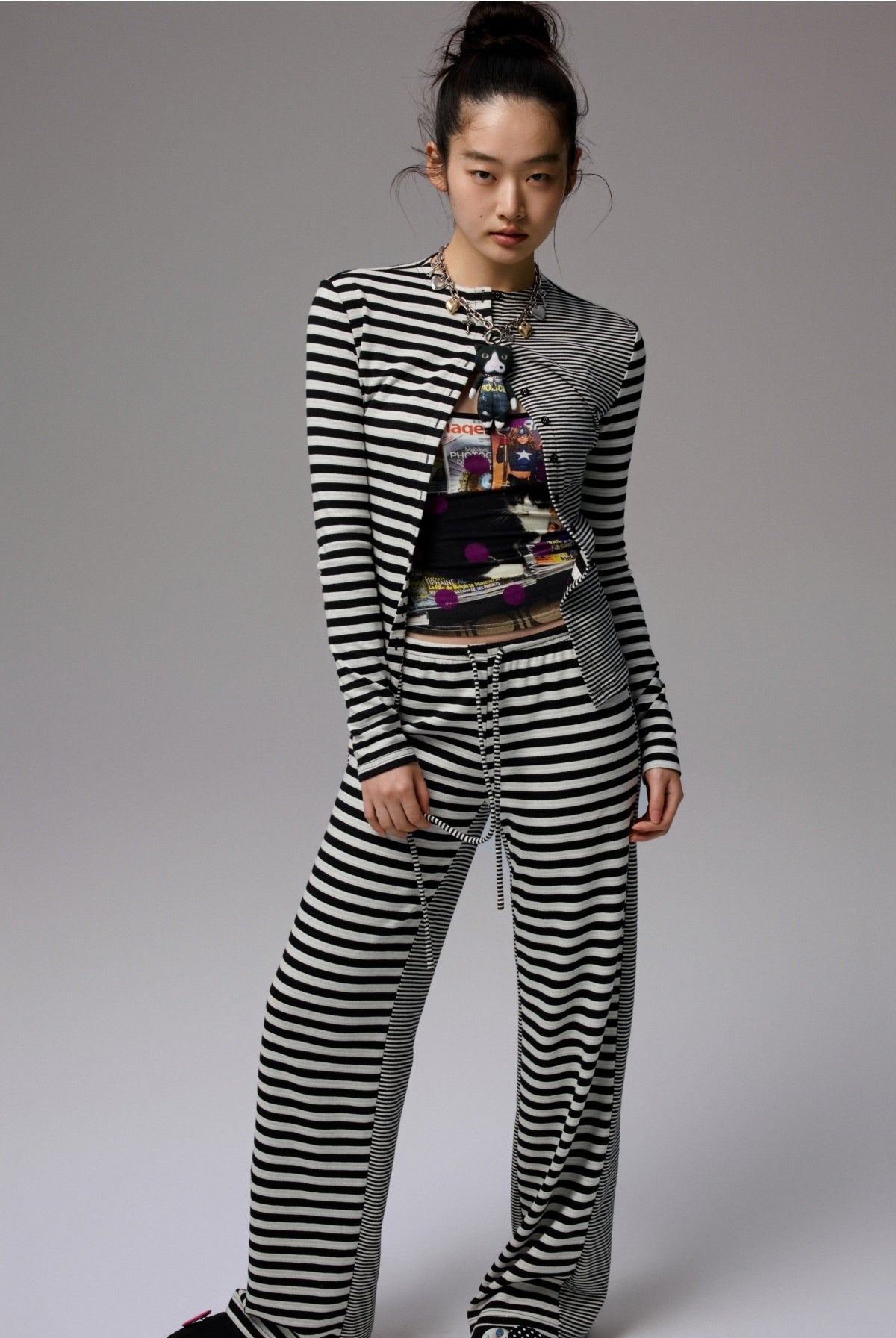 Double-Sided Striped Patchwork I-Line Vest Long Sleeve Knitted Cardigan Straight Trouser Set【s0000014267】