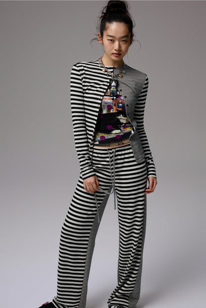Double-Sided Striped Patchwork I-Line Vest Long Sleeve Knitted Cardigan Straight Trouser Set【s0000014267】