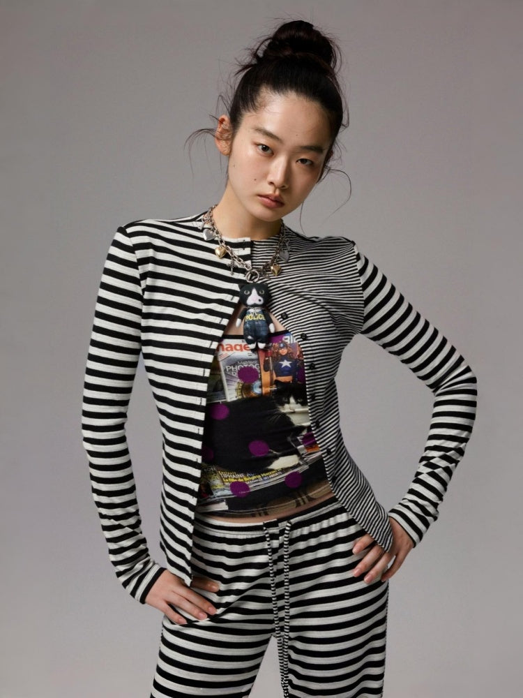 Double-Sided Striped Patchwork I-Line Vest Long Sleeve Knitted Cardigan Straight Trouser Set【s0000014267】