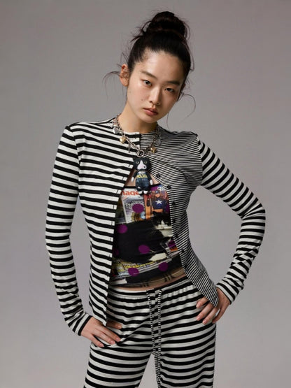 Double-Sided Striped Patchwork I-Line Vest Long Sleeve Knitted Cardigan Straight Trouser Set【s0000014267】