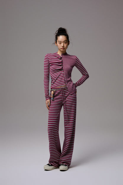 Double-Sided Striped Patchwork I-Line Vest Long Sleeve Knitted Cardigan Straight Trouser Set【s0000014267】