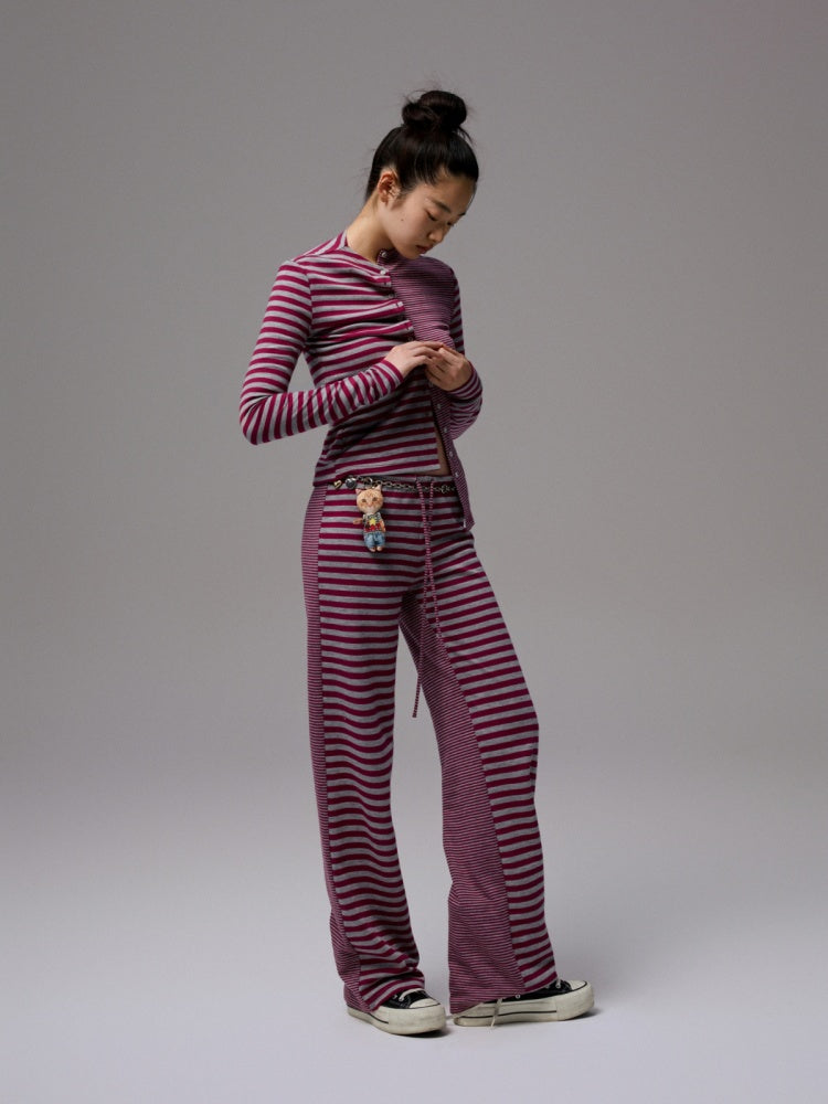 Double-Sided Striped Patchwork I-Line Vest Long Sleeve Knitted Cardigan Straight Trouser Set【s0000014267】