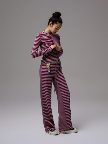 Double-Sided Striped Patchwork I-Line Vest Long Sleeve Knitted Cardigan Straight Trouser Set【s0000014267】