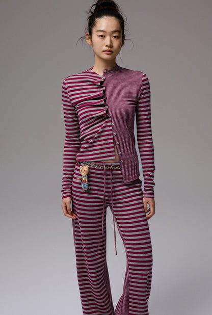 Double-Sided Striped Patchwork I-Line Vest Long Sleeve Knitted Cardigan Straight Trouser Set【s0000014267】