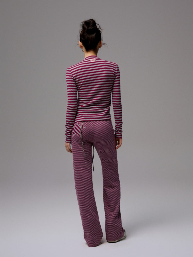 Double-Sided Striped Patchwork I-Line Vest Long Sleeve Knitted Cardigan Straight Trouser Set【s0000014267】