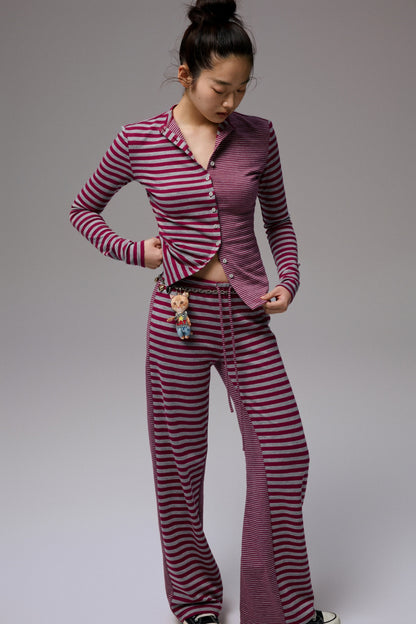 Double-Sided Striped Patchwork I-Line Vest Long Sleeve Knitted Cardigan Straight Trouser Set【s0000014267】