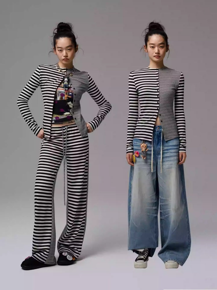 Double-Sided Striped Patchwork I-Line Vest Long Sleeve Knitted Cardigan Straight Trouser Set【s0000014267】