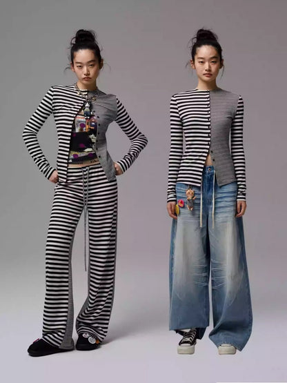Double-Sided Striped Patchwork I-Line Vest Long Sleeve Knitted Cardigan Straight Trouser Set【s0000014267】