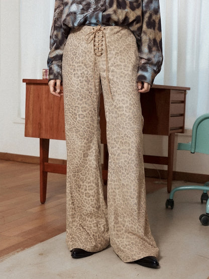 "Yefeng Mountain" Retro Gentle Leopard Print Corduroy High & Low Waisted Flared Pants【s0000014268】