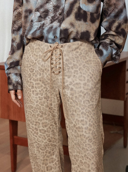 "Yefeng Mountain" Retro Gentle Leopard Print Corduroy High & Low Waisted Flared Pants【s0000014268】