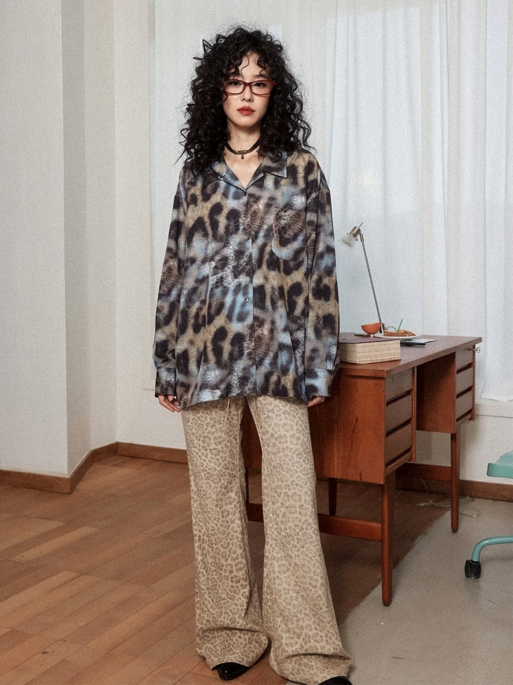 "Yefeng Mountain" Retro Gentle Leopard Print Corduroy High & Low Waisted Flared Pants【s0000014268】