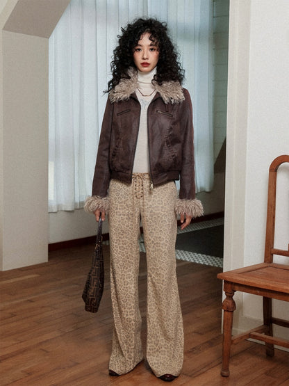 "Yefeng Mountain" Retro Gentle Leopard Print Corduroy High & Low Waisted Flared Pants【s0000014268】