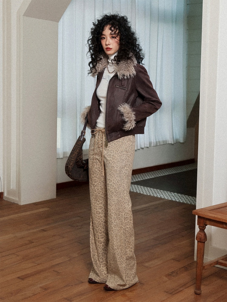 "Yefeng Mountain" Retro Gentle Leopard Print Corduroy High & Low Waisted Flared Pants【s0000014268】