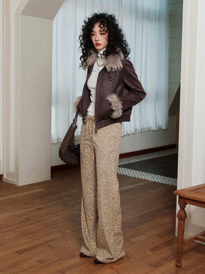 "Yefeng Mountain" Retro Gentle Leopard Print Corduroy High & Low Waisted Flared Pants【s0000014268】