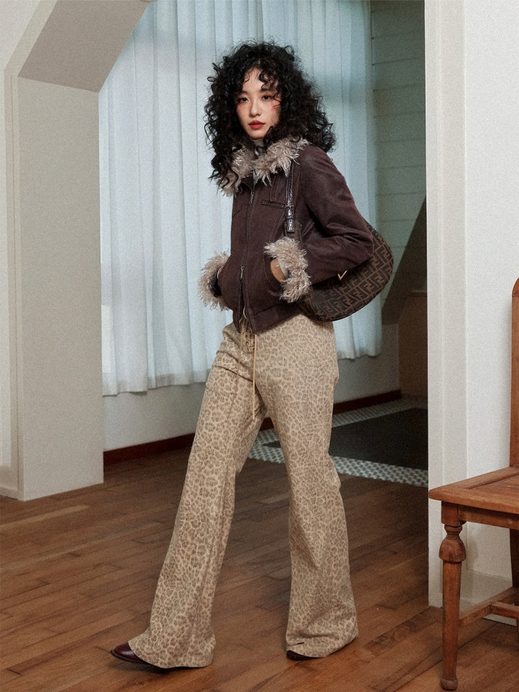 "Yefeng Mountain" Retro Gentle Leopard Print Corduroy High & Low Waisted Flared Pants【s0000014268】