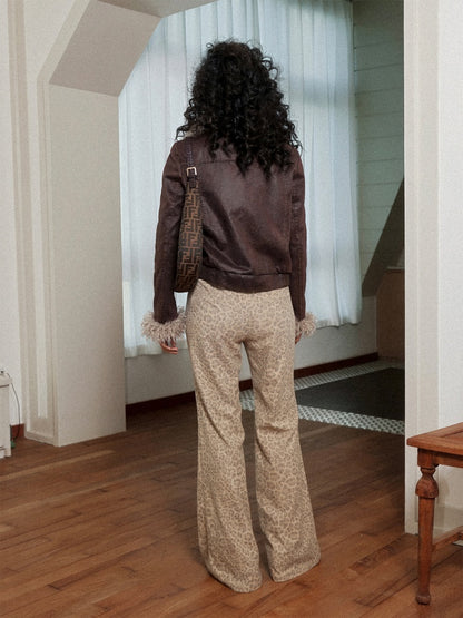 "Yefeng Mountain" Retro Gentle Leopard Print Corduroy High & Low Waisted Flared Pants【s0000014268】