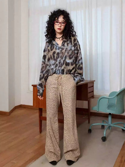 "Yefeng Mountain" Retro Gentle Leopard Print Corduroy High & Low Waisted Flared Pants【s0000014268】
