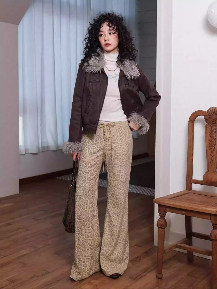 "Yefeng Mountain" Retro Gentle Leopard Print Corduroy High & Low Waisted Flared Pants【s0000014268】