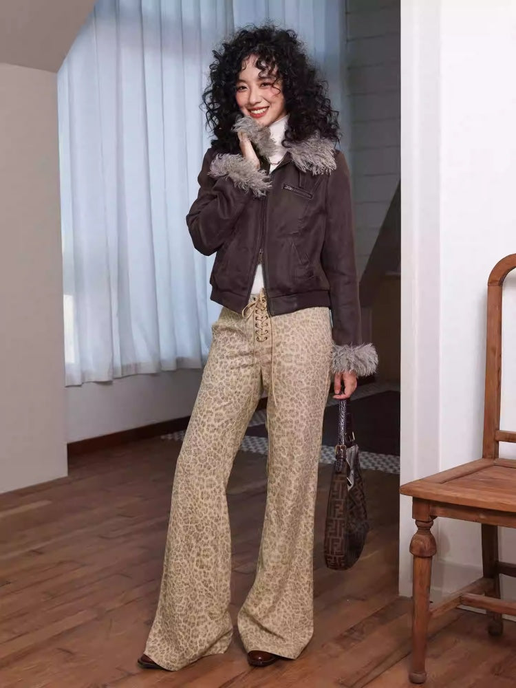 "Yefeng Mountain" Retro Gentle Leopard Print Corduroy High & Low Waisted Flared Pants【s0000014268】