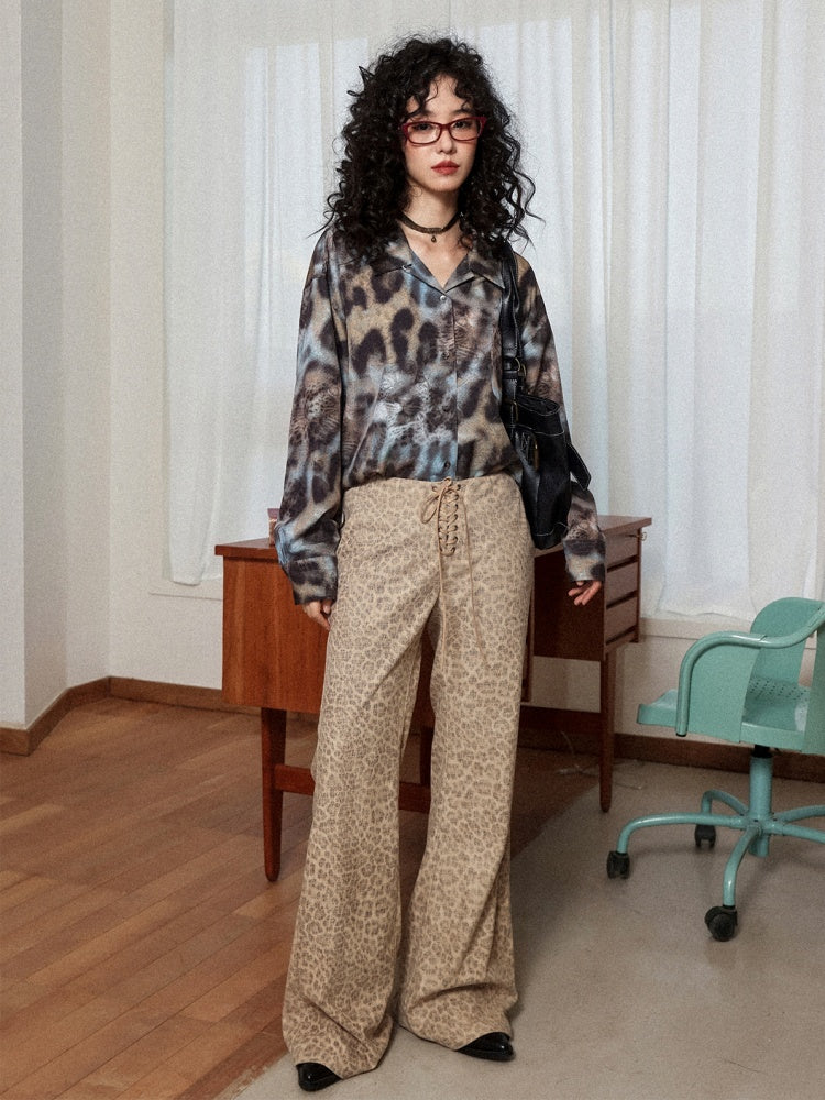 "Yefeng Mountain" Retro Gentle Leopard Print Corduroy High & Low Waisted Flared Pants【s0000014268】
