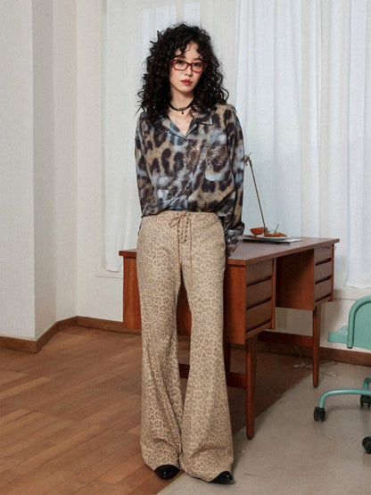 "Yefeng Mountain" Retro Gentle Leopard Print Corduroy High & Low Waisted Flared Pants【s0000014268】