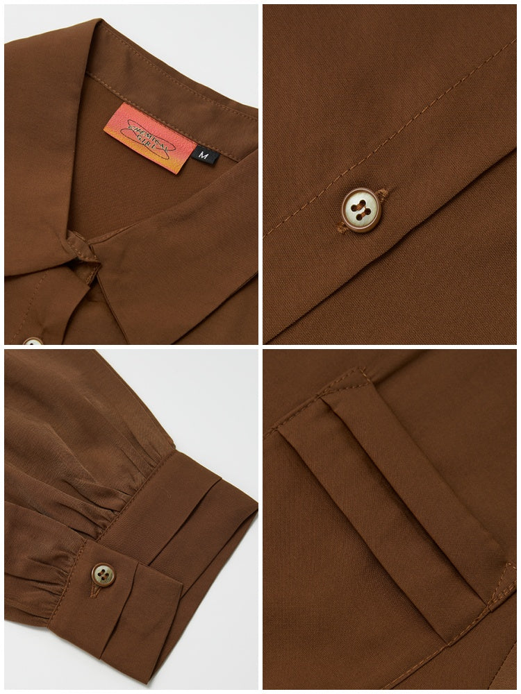 "Brown Wind Old Dream" Shoulder-Fitting Long-Sleeved Pleated Shirt【s0000014269】