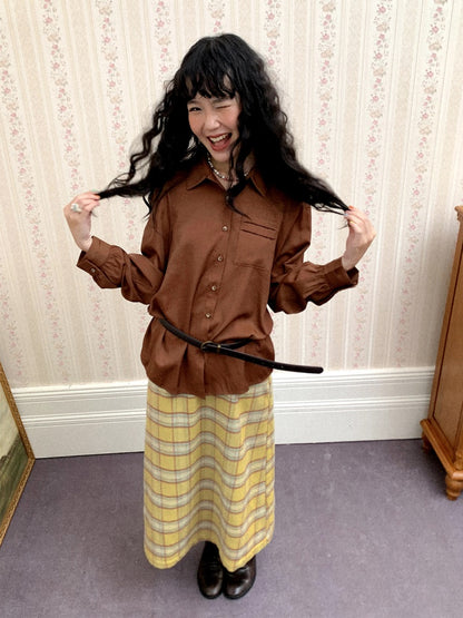 "Brown Wind Old Dream" Shoulder-Fitting Long-Sleeved Pleated Shirt【s0000014269】