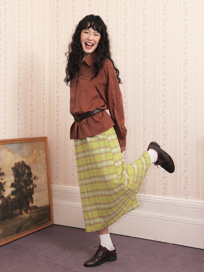 "Brown Wind Old Dream" Shoulder-Fitting Long-Sleeved Pleated Shirt【s0000014269】