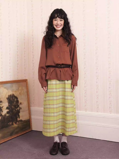 "Brown Wind Old Dream" Shoulder-Fitting Long-Sleeved Pleated Shirt【s0000014269】