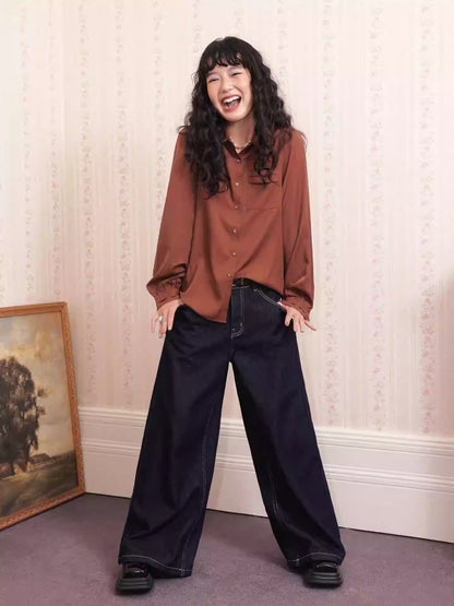 "Brown Wind Old Dream" Shoulder-Fitting Long-Sleeved Pleated Shirt【s0000014269】