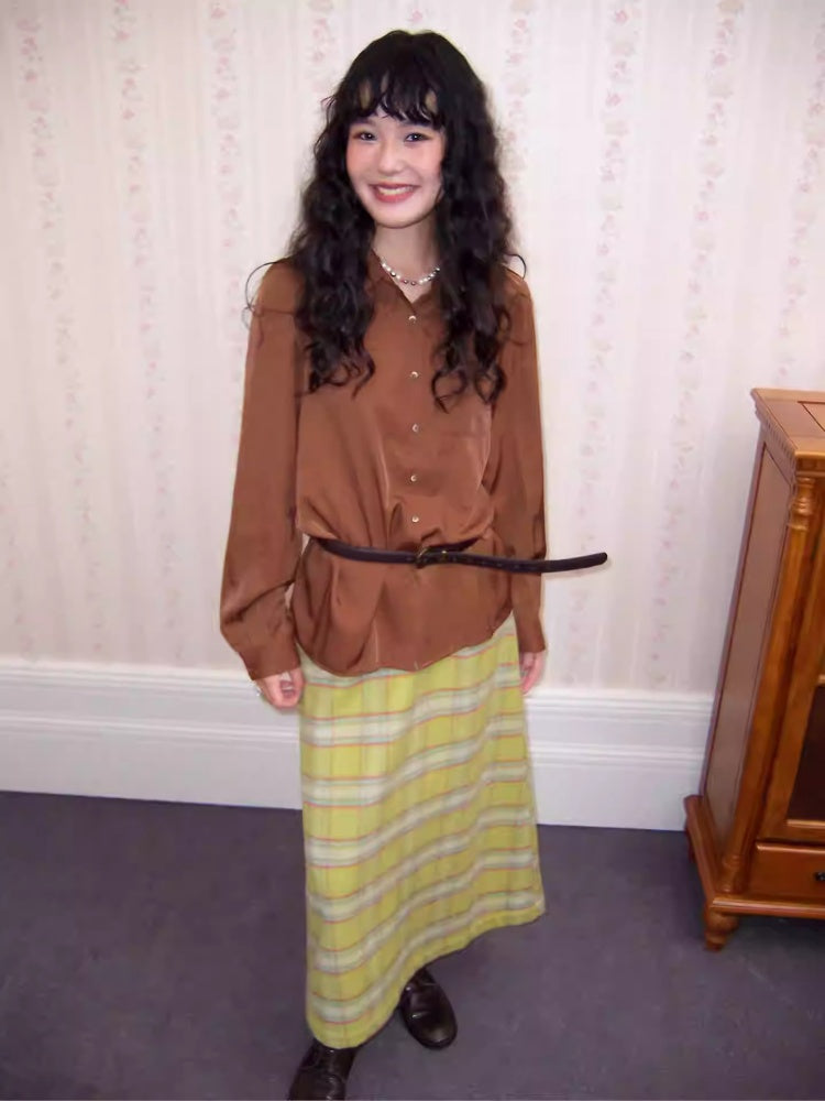 "Brown Wind Old Dream" Shoulder-Fitting Long-Sleeved Pleated Shirt【s0000014269】