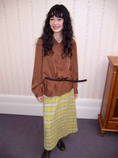 "Brown Wind Old Dream" Shoulder-Fitting Long-Sleeved Pleated Shirt【s0000014269】