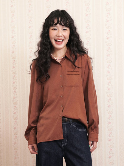 "Brown Wind Old Dream" Shoulder-Fitting Long-Sleeved Pleated Shirt【s0000014269】