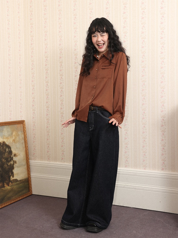 "Brown Wind Old Dream" Shoulder-Fitting Long-Sleeved Pleated Shirt【s0000014269】