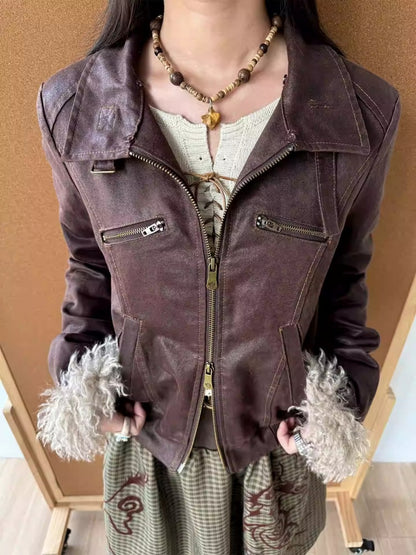 "Wild Gentleman" Casual Detachable Collar Distressed Leather Cropped Jacket【s0000014270】