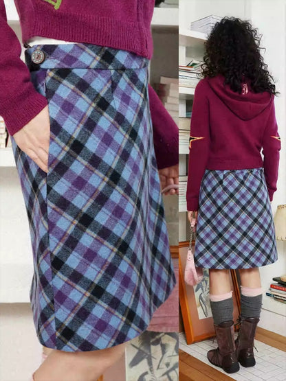 "Overture To The Night" Wool Tweed Plaid High-Waisted Hip A-Line Skirt【s0000014271】